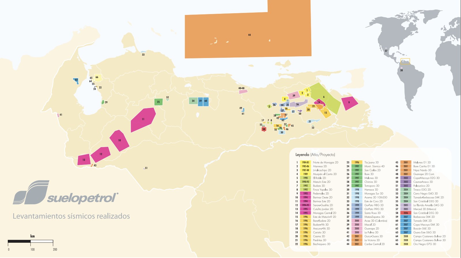 Mapa de levantamientos sísmicos realizados por Suelopetrol en Venezuela y el exterior